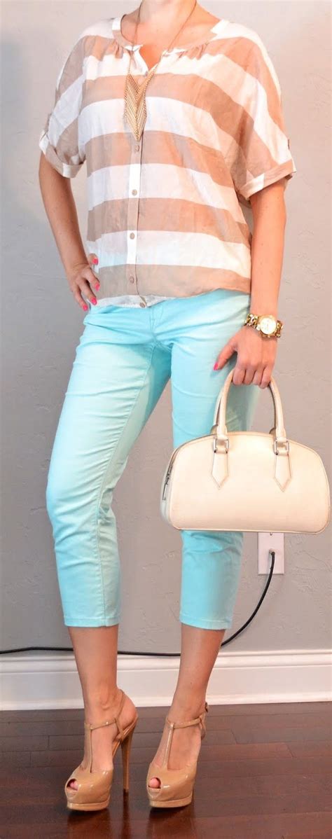 outfit posts outfit post mint cropped pants tan and white striped shirt white tops outfit