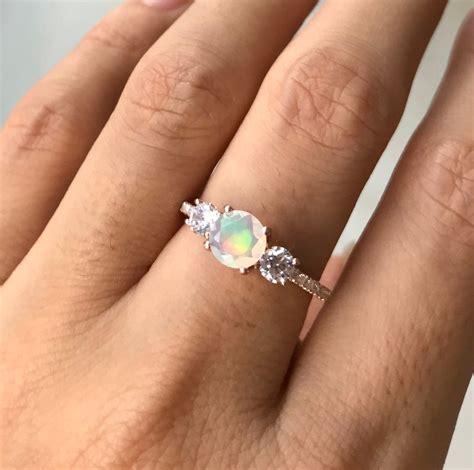 Genuine Opal Promise Ring For Her Fiery Opal Three Stone Anniversary Ring Welo Opal Solitaire