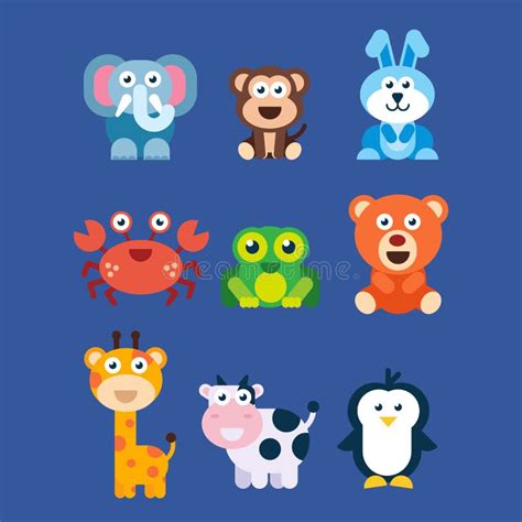 Set Of Cute Cartoon Animals Flat Style Stock Illustration