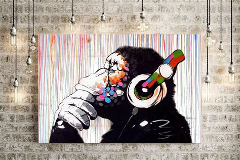Monkey Dj Banksy Coloured Rain Canvas Wall Art Print Gorilla Etsy