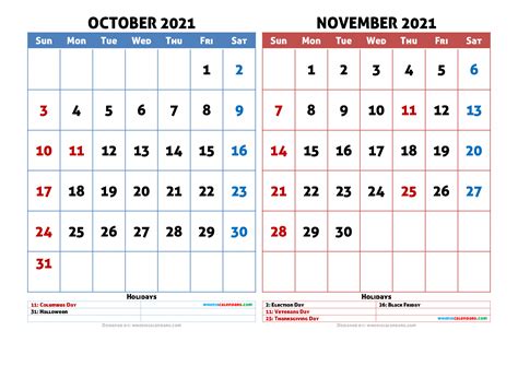 Free October November 2021 Calendar With Holidays Pdf