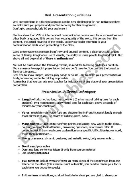 Oral Presentation Guidelines Esl Worksheet By Leacampana