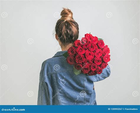 Back View Of Woman Holding Bunch Roses Stock Image Image Of Back Hair 120993267