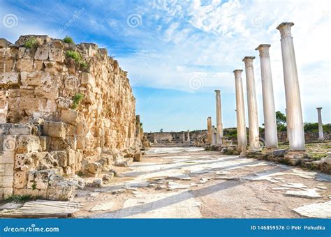 Beautiful Salamis Ruins With Antique Columns In Northern Cyprus On A