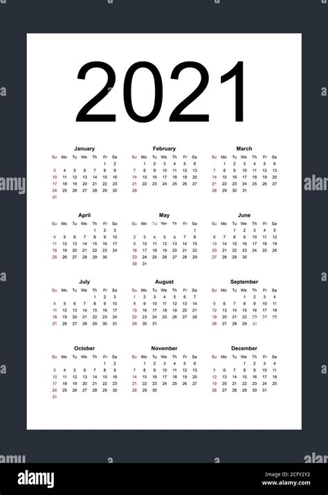 Calendario Vectorial Editable Simple Para El Año 2021 La Semana