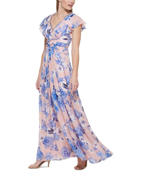 eliza j floral print embellished flutter sleeve gown macy s