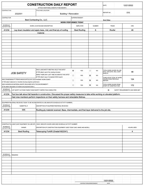 Construction Daily Report Example Printable Templates