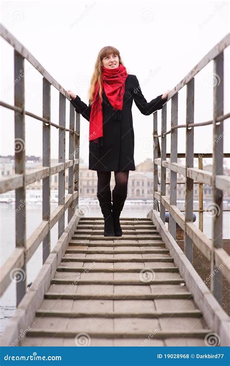 Young Girl In The Red Scarf Standing On Stairs Stock Photo Image Of