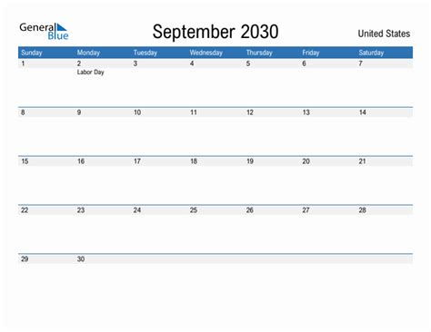 Editable September 2030 Calendar With United States Holidays