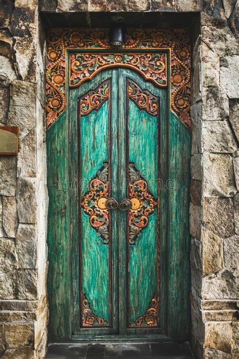Traditional Balinese Handmade Carved Wooden Door Stock Image Image Of