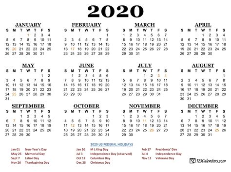 Calendar 2020 Us Holidays Calendar Template Printable
