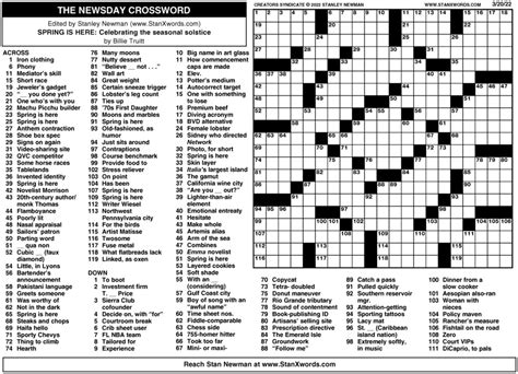 Newsday Crossword Sunday For Mar 20 2022 By Stanley Newman Creators