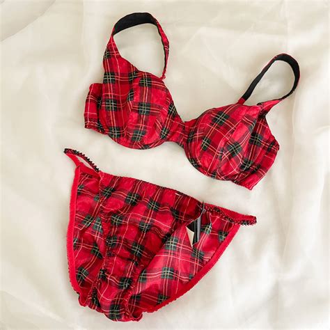 nwt vintage red and green plaid bra and panty lingerie set large — sororité