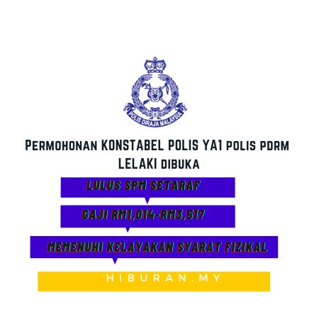 Terkini permohonan konstabel polis pdrm ya1 akan dibuka permohonan pada 27 julai sehingga 16 ogos 2020. Permohonan Jawatan Kosong Polis e-Pengambilan PDRM