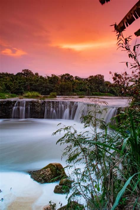 Waterfall Landscape Nature River Sunset Tropical Wallpaper Stock Image