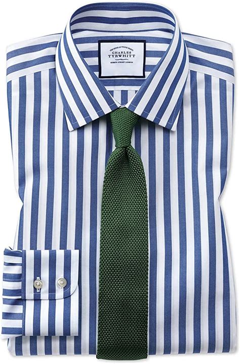 charles tyrwhitt slim fit non iron blue wide bengal stripe cotton formal shirt single cuff size