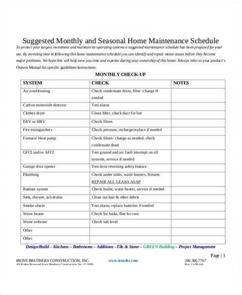 Home Maintenance Schedule Template 7 Free Pdf Word Format Download