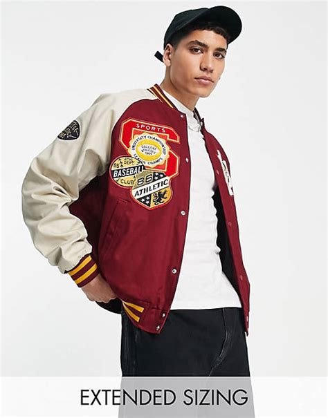 Asos Design Oversized Varsity Jacket In Red With Badging And Contrast