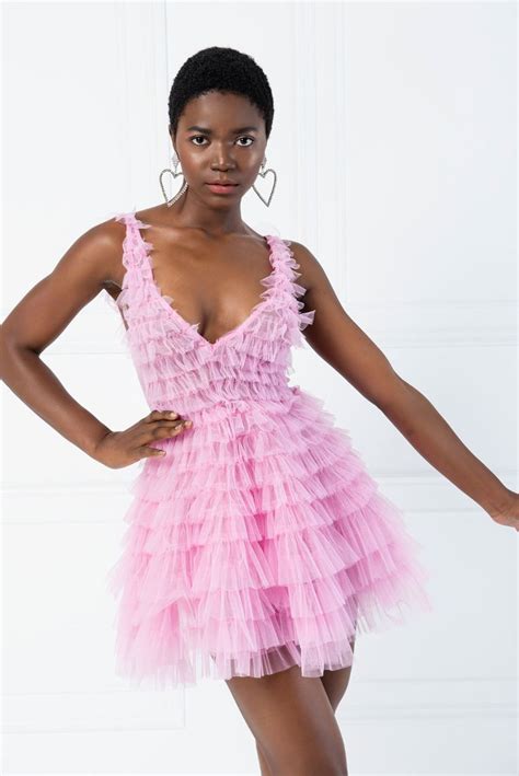 New Pink Tiered Ruffle Plunging Tulle Mini Dress In Tulle Mini