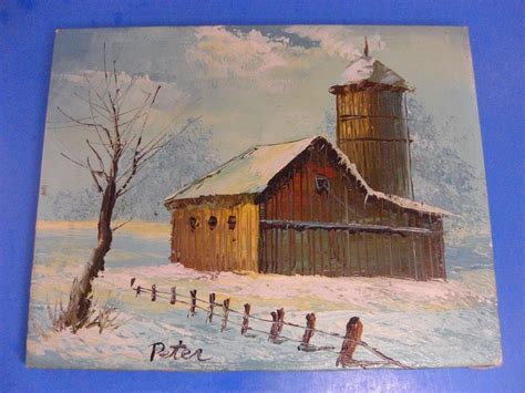 Aged Old Barn And Silo Rural Winter Scene Landscape Signed Oil On Canvas