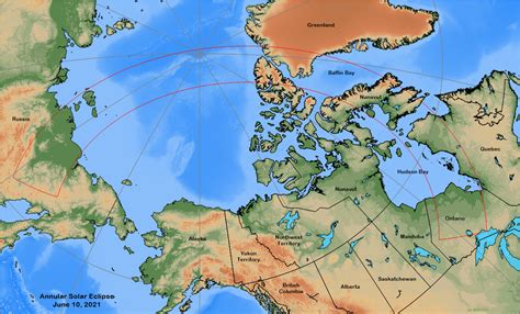 The northern and southern path limits are blue and the central line is red. Annular Solar Eclipse - June 10, 2021 | Eclipsophile