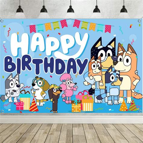 Blue Party Decoration Cartoon Sheepdog Happy Birthday Backdrop Banner