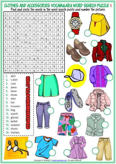 Clothes And Accessories Esl Word Search Puzzle Worksheets