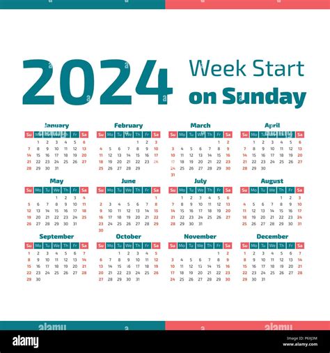 Simple 2024 Year Calendar Week Starts On Sunday Stock Vector Image