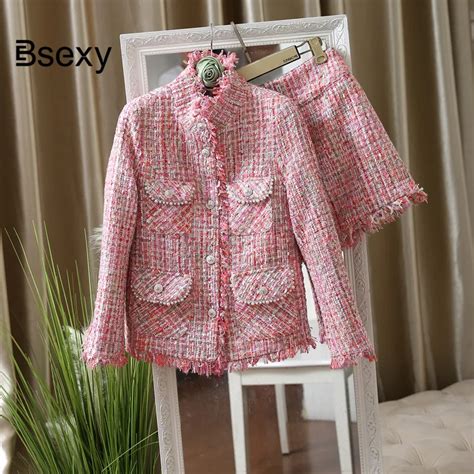 buy runway pink tweed set two piece set women single breasted tassel plaid