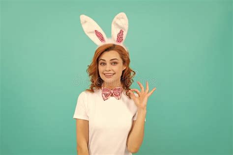 Happy Easter Woman In Bunny Ears And Bow Tie On Blue Background Ok