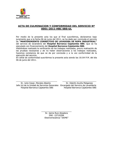 Acta De Culminacion Y Conformidad Del Servicio