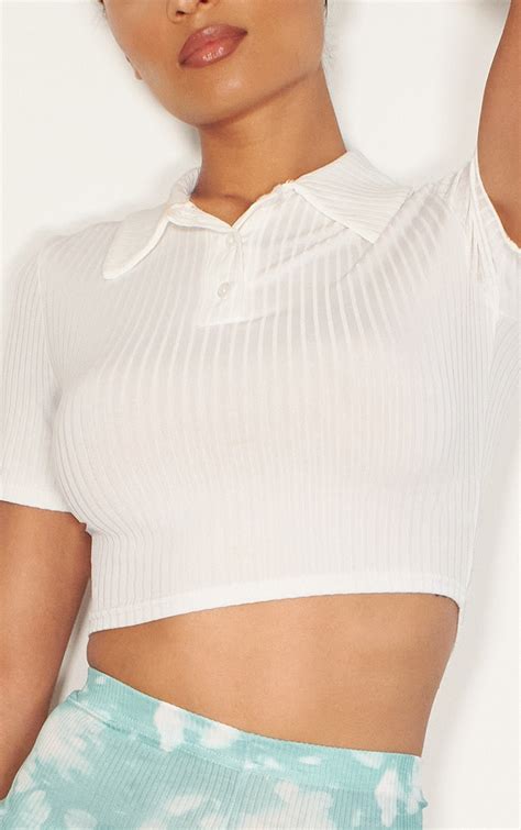 White Rib Cropped Polo Top Tops Prettylittlething Usa