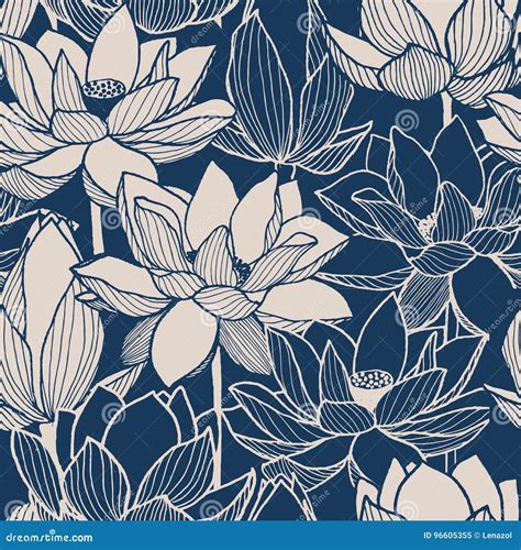 Seamless Vector Floral Lotus Hand Drawn Pattern Stock Vector