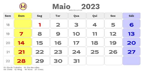 Calendário De Maio De 2023 Com Feriados Nacionais Fases Da Lua E Datas
