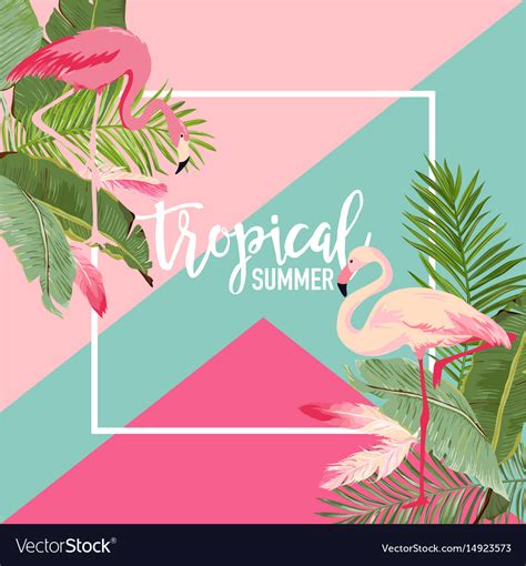 Tropical Flowers And Flamingo Summer Banner Vector Image