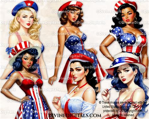 Patriotic Pinups Red White Blue 4th Of July Usa Multi Cultural Ladies