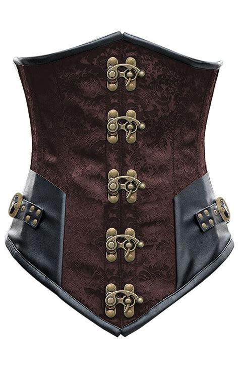 1293 Brown Steel Boned Steampunk Underbust Corset With Black Faux