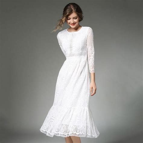 White Lace Dresses Women 2018 Hollow Out High Waist Vestido Mujer O Neck Patchwork Dress