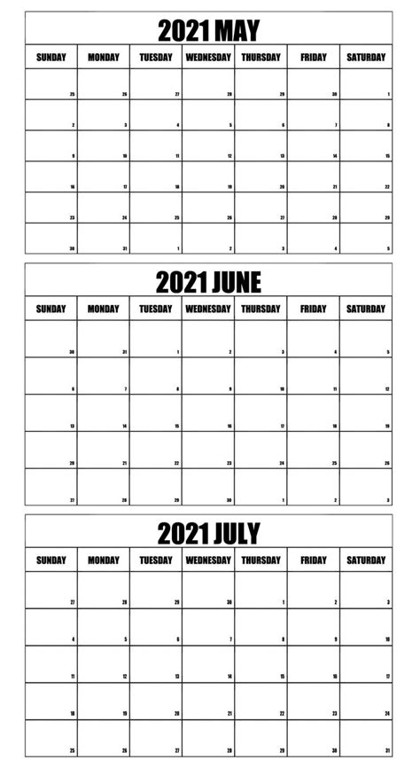 May June July Calendar 2021 In 2021 July Calendar Template Printable