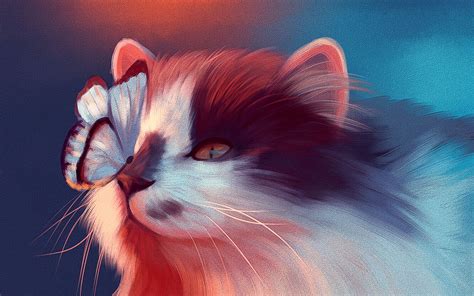Download Wallpaper 2560x1600 Cat Butterfly Art Fluffy Cute