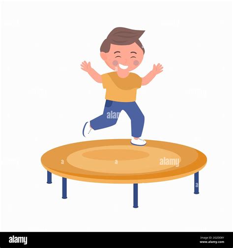 Happy Boy Jumping On Trampoline Isolated Vector Illustration Stock