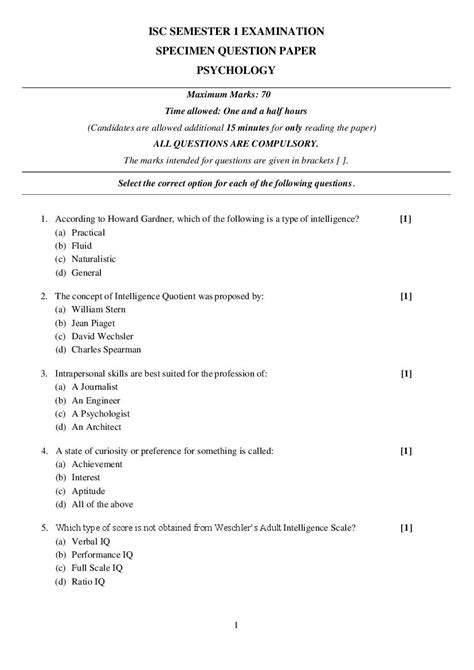 ISC Class 12 Specimen Paper 2022 Psychology Semester 1