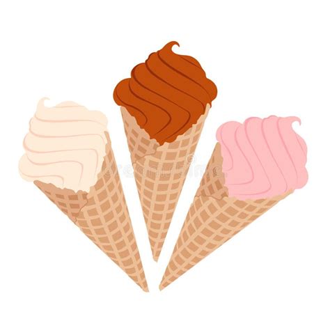 Variety Of Ice Cream In Wafer Cone Chocolate Vanilla And Strawberry Stock Vector