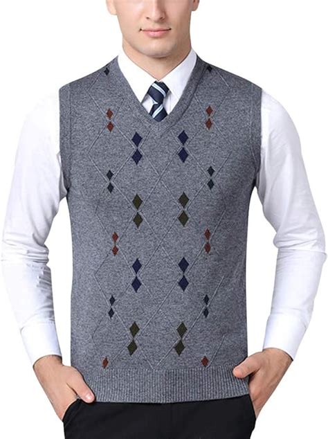 Mens Knitted Vest Jumper Diamond Pattern V Neck Sleeveless Slipover