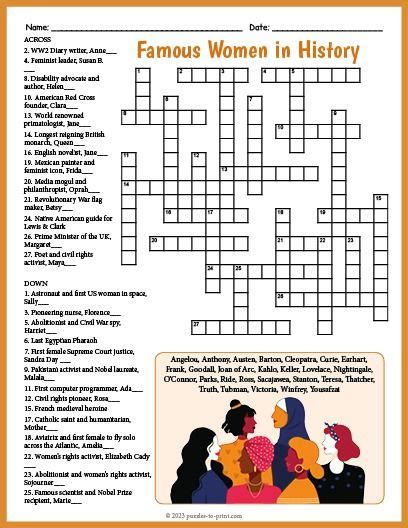 Famous Women In History Crossword Puzzle Fun Activities For Kids