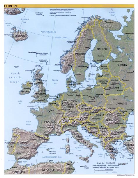 Large Detailed Political Map Of Europe With Relief Capitals And Major Cities Europe