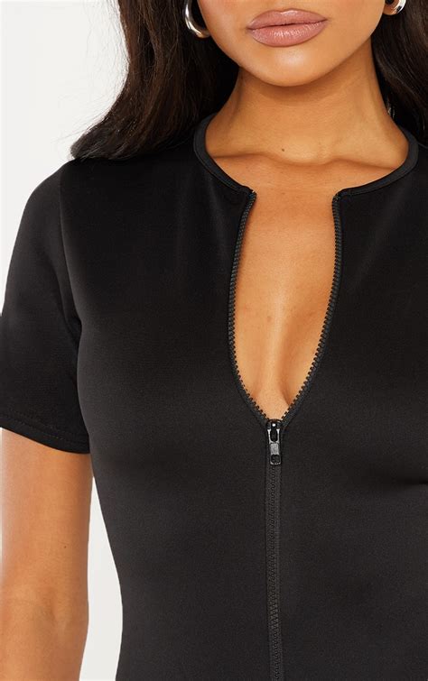 Black Neoprene Zip Up Short Sleeve Bodysuit Prettylittlething