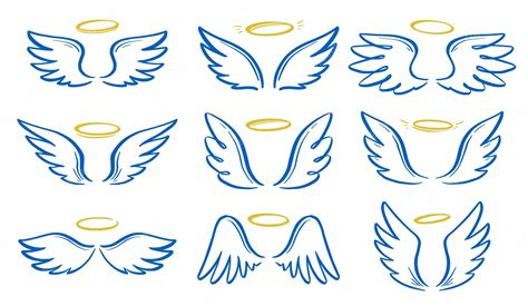 conjunto de asa e auréola de doodle de anjo asa de estilo de esboço desenhado de mão anjo