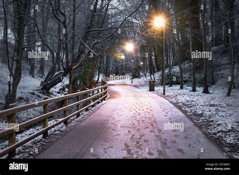 Winter Footpath In St Columbs Park In Derry Covered In A Light Dust Of
