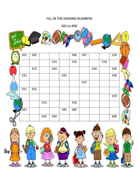 Fill In The Missing Numbers 501 To 600 Interactive Worksheet